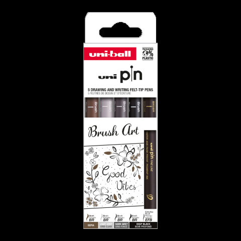 Popisovače sada UNI PIN Creative Writting - Brush Art, sada linerů, 5 ks