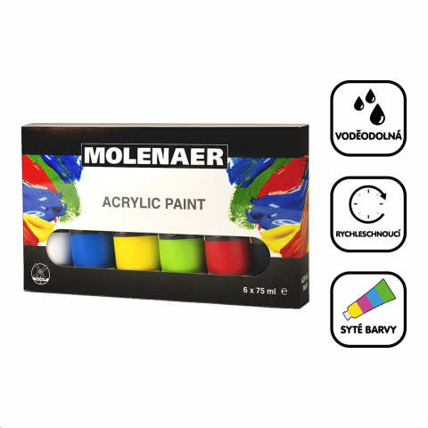 Barva akrylová Molenaer sada, 6x 75 ml, mix barev